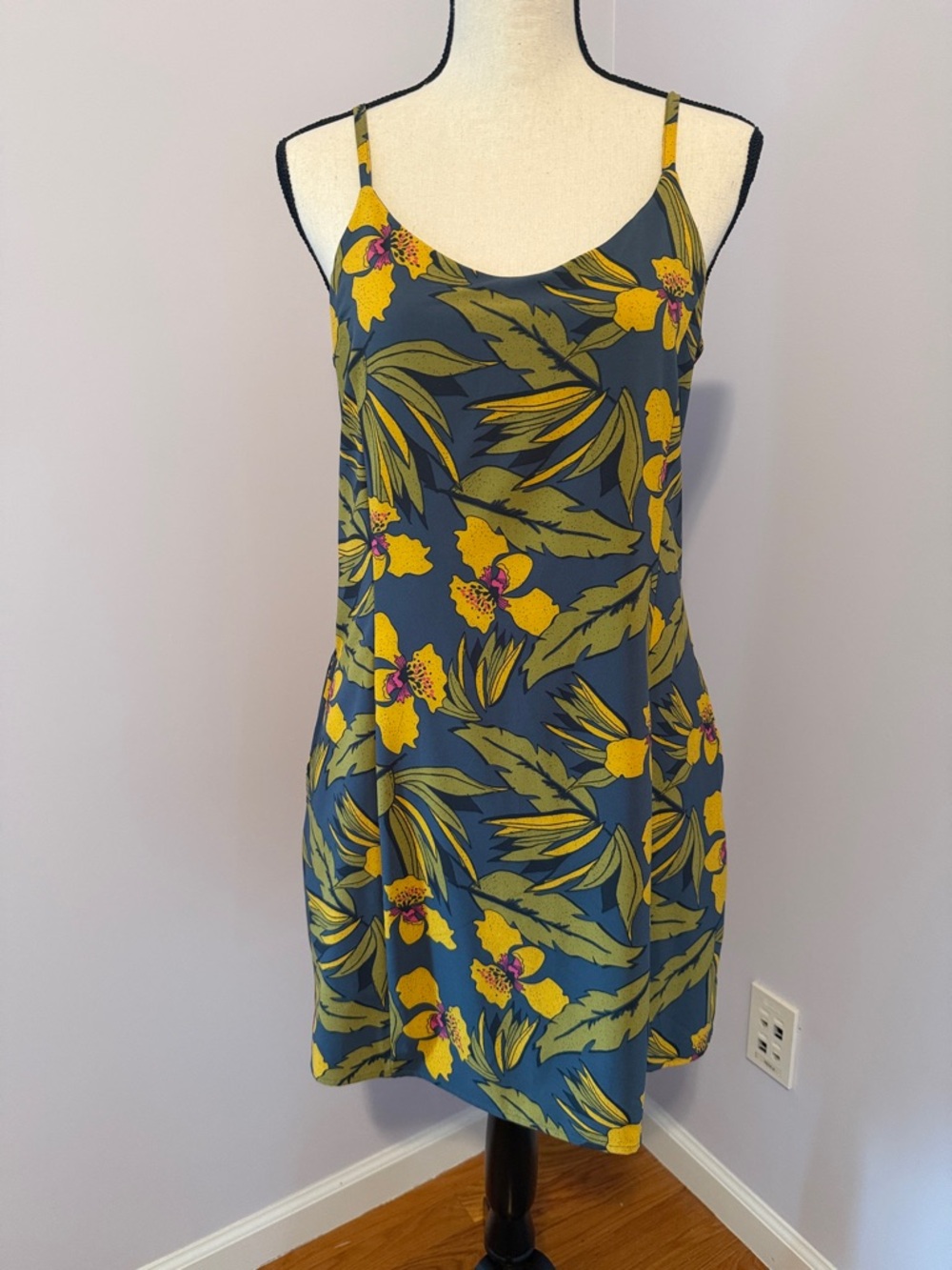 Toad&Co Blue Tropical Floral Mini Dress with Yellow Accents